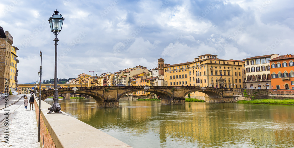 Panorama of street lights at the riverbank in Florence, Italy