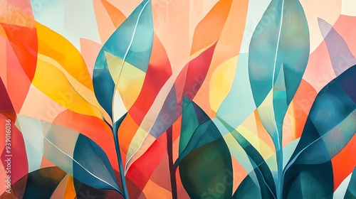 A vibrant abstract composition featuring colorful leaves and shapes, perfect for nature-themed designs and artistic expressions.