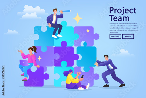 a project team of business people working together, to build again jigsaw puzzle. concept of teamwork, collaboration, and project management . flat vector illustration.