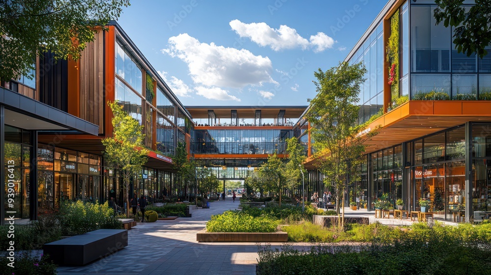 An eco-friendly shopping center with zero carbon architecture, featuring solar power, green roofs, and natural lighting. An eco-friendly shopping center with zero carbon architecture, featuring solar power, green roofs, and natural lighting.