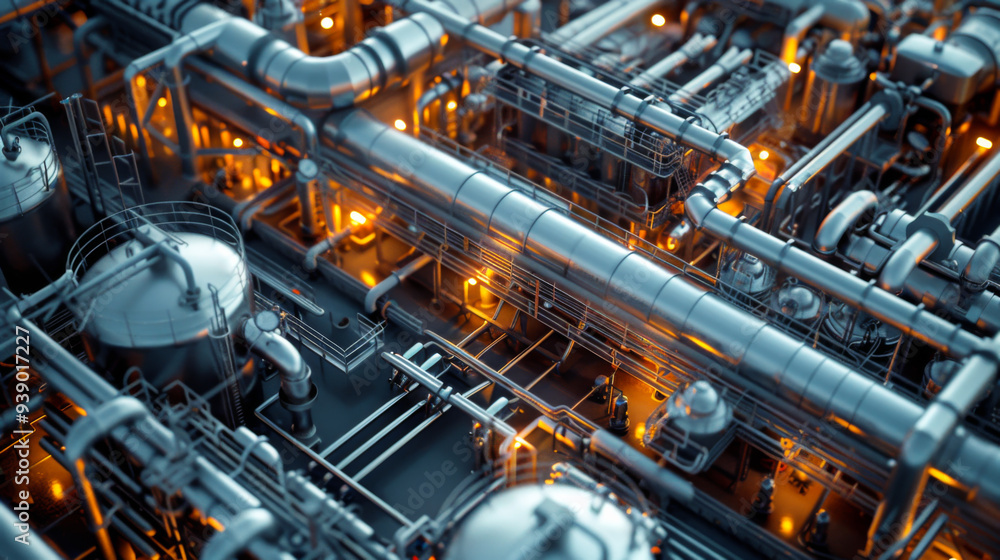 Layout of an oil depot with a tank area and a pumping station with silver-white pipes. Industry concept. Layout of an oil depot with a tank area and a pumping station with silver-white pipes. Industry concept.