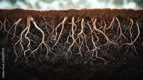 Close-up view of intricate roots underground, showcasing their structure and relationship with soil. photo