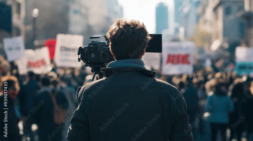 Cameraman Filming a Protest in a Crowded City Street Cameraman Filming a Protest in a Crowded City Street