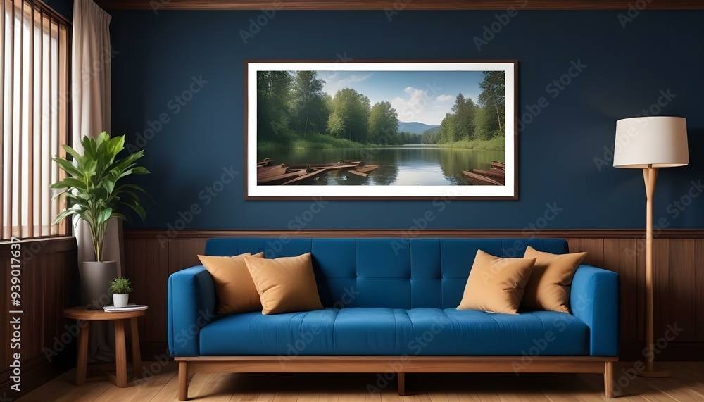 Interior mockup In a white room a blue sofa is placed next to a photo frame on the wall Interior mockup In a white room a blue sofa is placed next to a photo frame on the wall