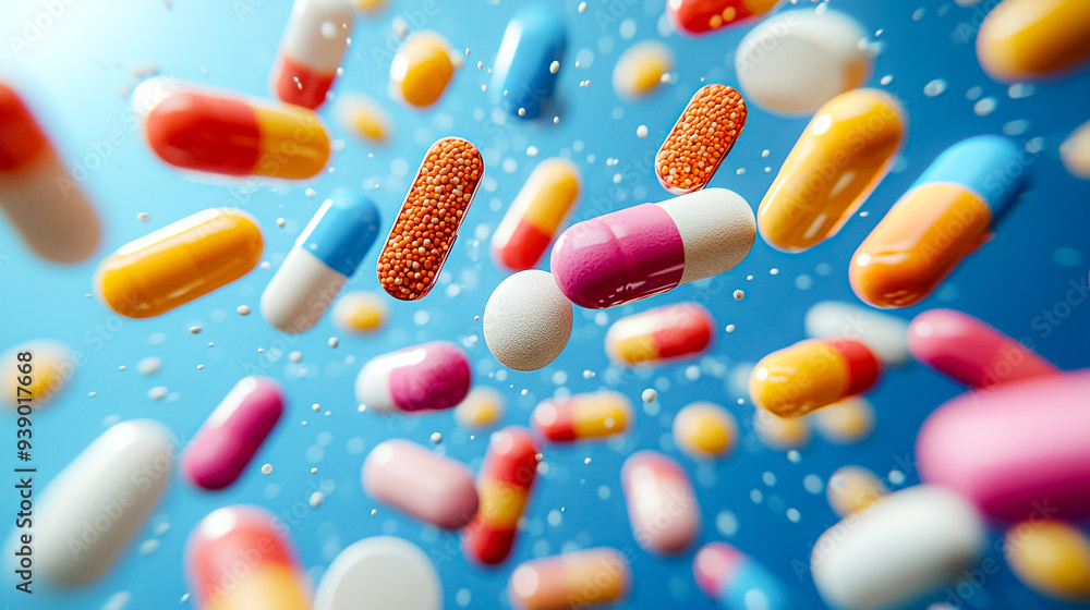 A colorful array of pills are floating in the air A colorful array of pills are floating in the air