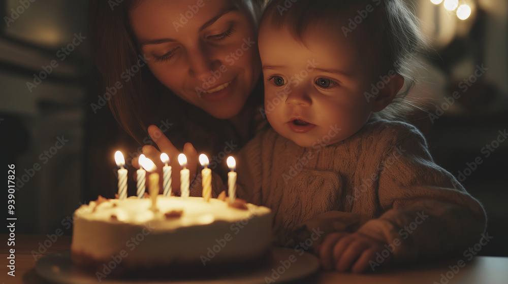 Mother and Baby Celebrating Birthday with Lit Cake in Warm Candlelight Mother and Baby Celebrating Birthday with Lit Cake in Warm Candlelight