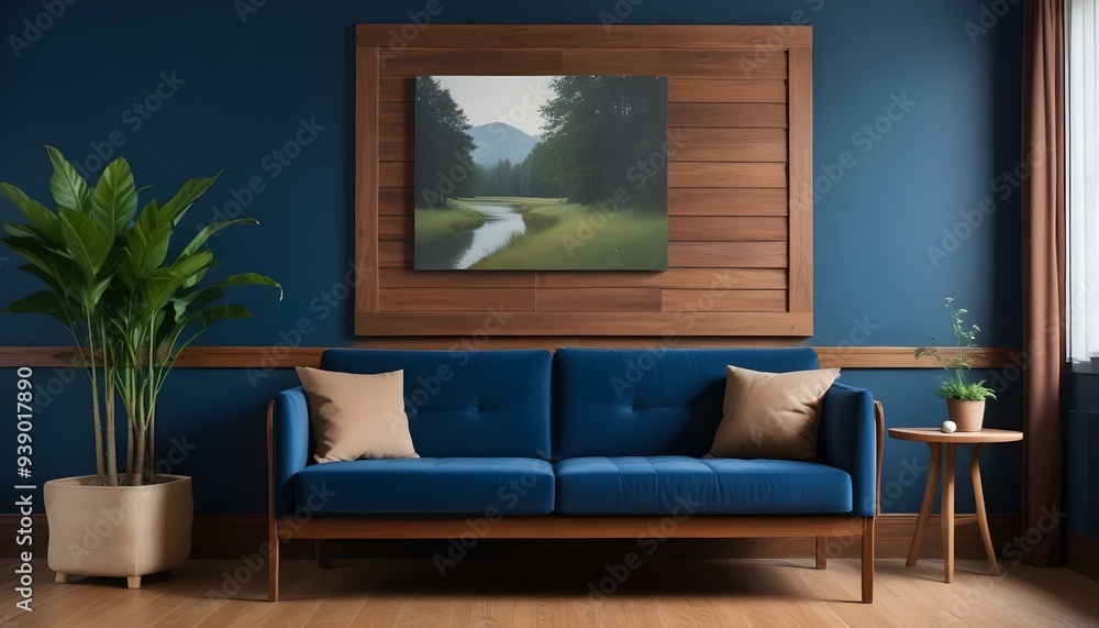 Interior mockup In a white room a blue sofa is placed next to a photo frame on the wall Interior mockup In a white room a blue sofa is placed next to a photo frame on the wall