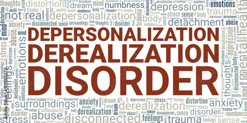Depersonalization-derealization disorder word cloud conceptual design isolated on white background.