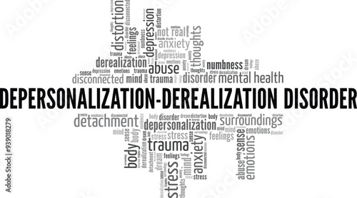 Depersonalization-derealization disorder word cloud conceptual design isolated on white background.