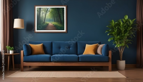 Interior mockup In a white room a blue sofa is placed next to a photo frame on the wall