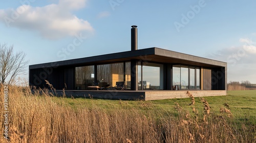 Rural retreat designed for zero carbon living, featuring renewable energy systems, sustainable materials, and a minimalist aesthetic.