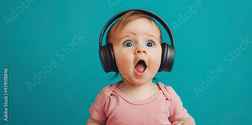 A surprised baby wearing headphones