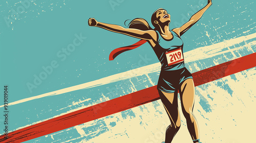 Retro-Style Illustration of a Female Runner Celebrating Victory at the Finish Line