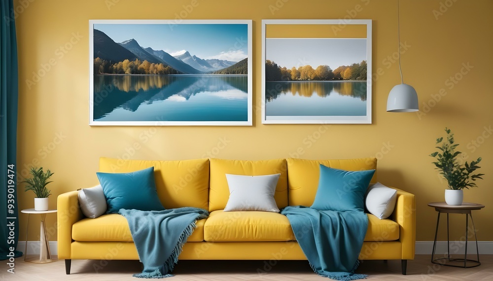 Interior mockup In a white room a blue sofa is placed next to a photo frame on the wall Interior mockup In a white room a blue sofa is placed next to a photo frame on the wall