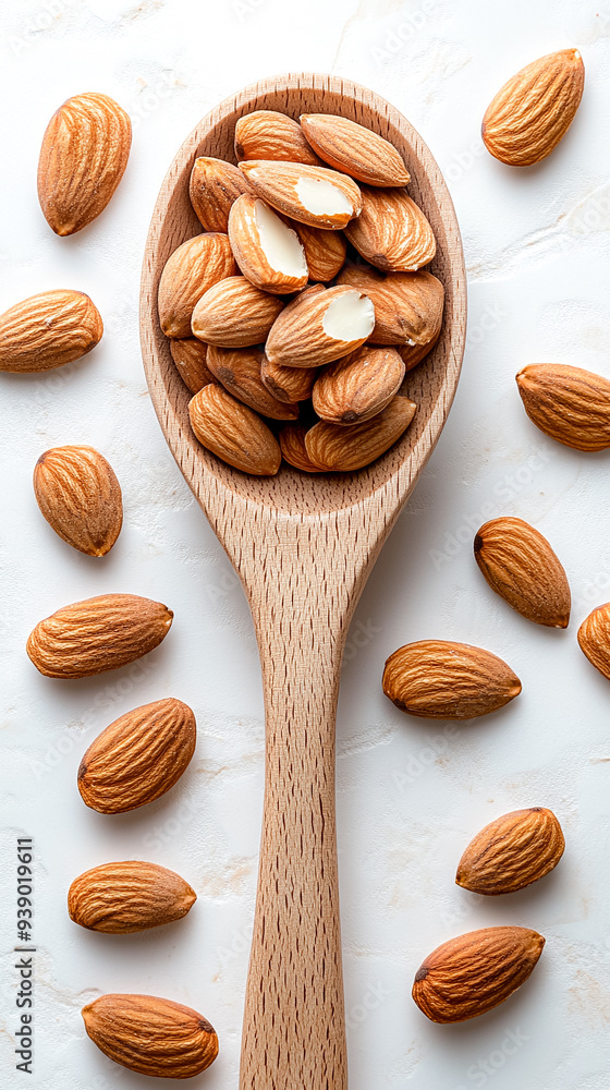 A spoonful of almonds is shown with a pile of almonds on the table A spoonful of almonds is shown with a pile of almonds on the table