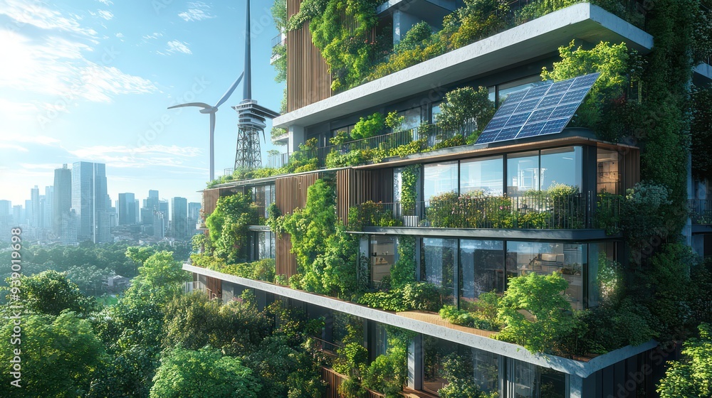 Zero carbon high-rise with wind turbines on the roof, solar panels on ... - Zero-Carbon Condominium Projects With Rooftop Wind