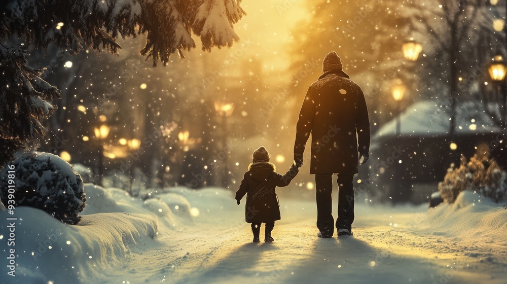 Father and Child Walking in a Snowy Winter Wonderland Father and Child Walking in a Snowy Winter Wonderland