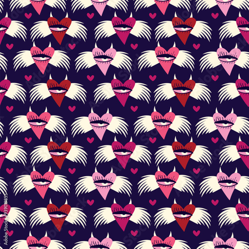 Bright Valentine's Day pattern with strange hearts. A pattern of devilish love hearts.