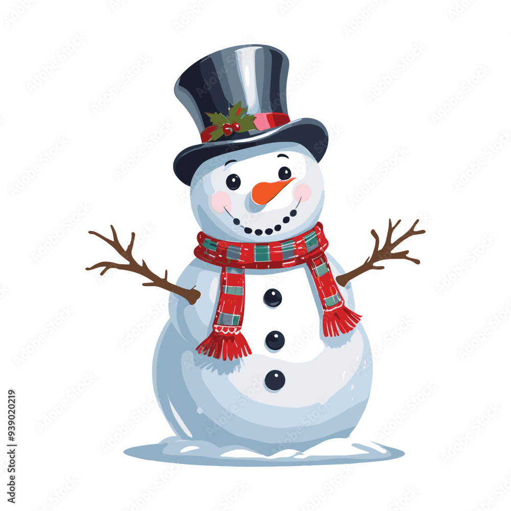 Joyful Snowman with Black Hat and Red Plaid Scarf Joyful Snowman with Black Hat and Red Plaid Scarf