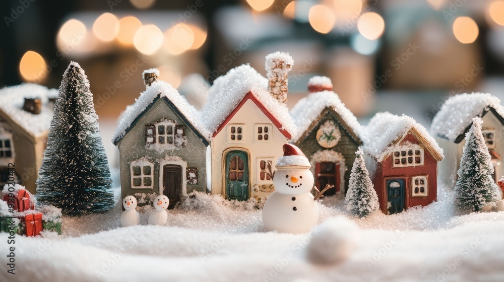 Naklejka premium Winter Village Miniature with Snowman and Christmas Tree