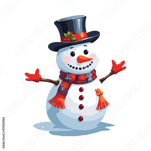 Merry Snowman with Holly Hat and Colorful Scarf