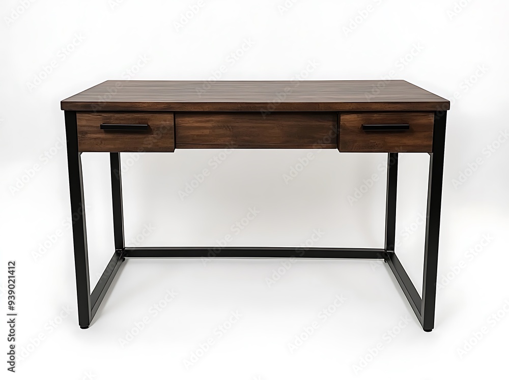 Dark Walnut Wood Desk with Black Metal Frame and Legs Dark Walnut Wood Desk with Black Metal Frame and Legs
