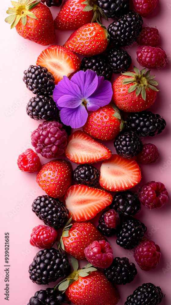 A close up of a variety of berries and strawberries A close up of a variety of berries and strawberries