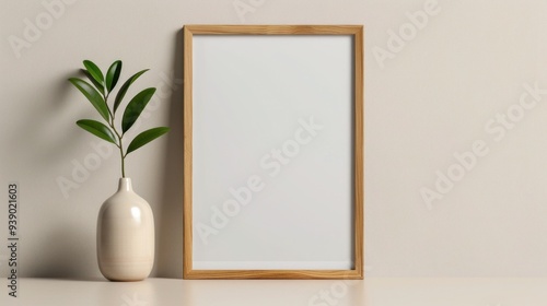 Minimalist Canvas Frame with Potted Plant in Modern Gallery Setting - Perfect for Art and Design Themes