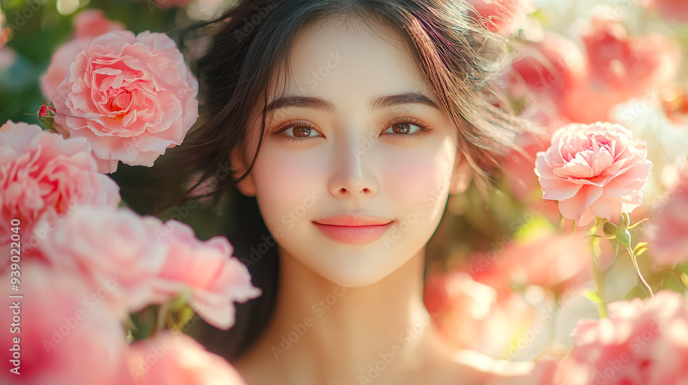 A woman is surrounded by pink flowers and is smiling A woman is surrounded by pink flowers and is smiling