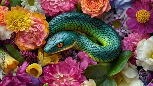 Green wooden snake coiled a...