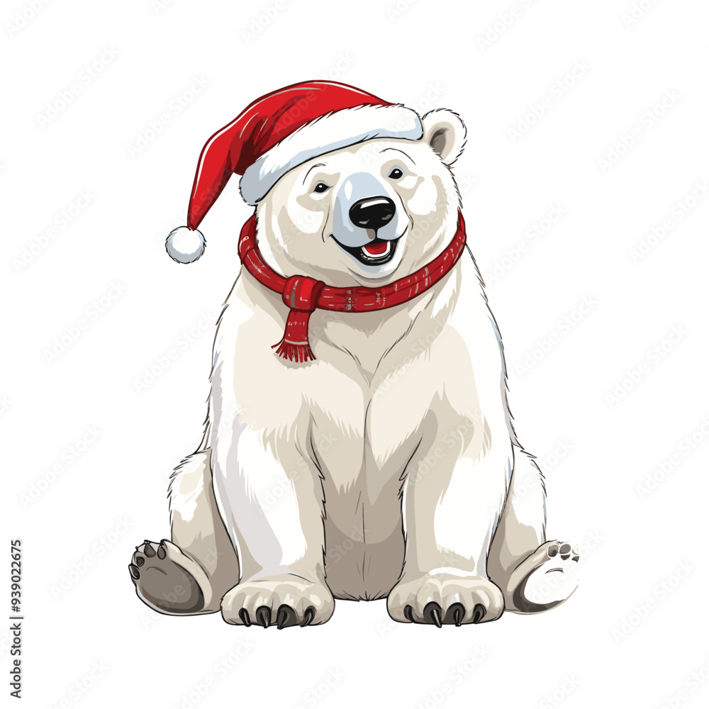 Cheerful Polar Bear in Christmas Hat and Scarf Cheerful Polar Bear in Christmas Hat and Scarf