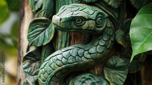 Green snake sculpture in wood, surrounded by carved leaves, highlighting craftsmanship. photo