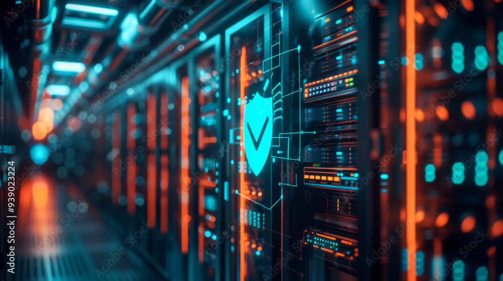 The data center is bathed in shades of blue and orange at the end with a prominent central hologram featuring a blue security shield icon. Technology concept. The data center is bathed in shades of blue and orange at the end with a prominent central hologram featuring a blue security shield icon. Technology concept.