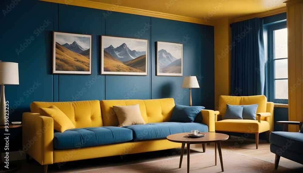 Interior mockup In a white room a blue sofa is placed next to a photo frame on the wall Interior mockup In a white room a blue sofa is placed next to a photo frame on the wall