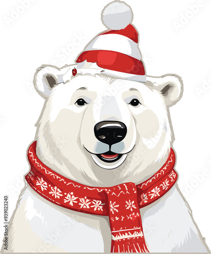 Cheerful Polar Bear in Striped Santa Hat and Red Scarf