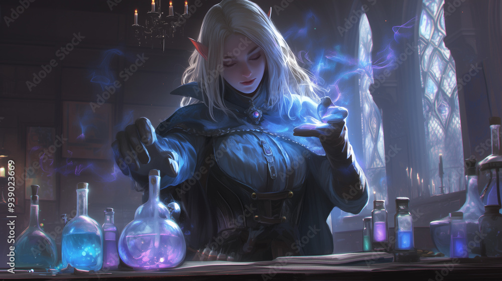 focused elven alchemist casting a spell over vibrant blue and purple potions in a shadowy laboratory, surrounded by glowing bottles and mystical tools focused elven alchemist casting a spell over vibrant blue and purple potions in a shadowy laboratory, surrounded by glowing bottles and mystical tools