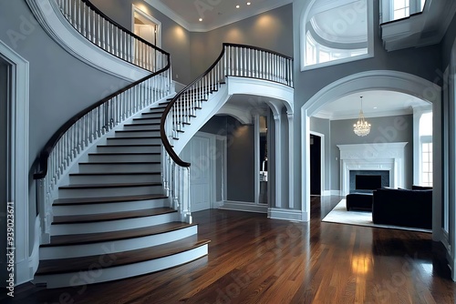 Elegant Curved Staircase with Hardwood Floors and Modern Interior Design photo