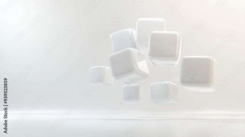 A white cube is floating in the air with other white cubes surrounding it A white cube is floating in the air with other white cubes surrounding it