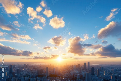 Stunning sunset over a city skyline with fluffy clouds.