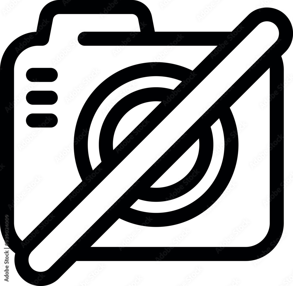 Simple black and white vector icon of a camera with a diagonal line through it, indicating photography is prohibited Simple black and white vector icon of a camera with a diagonal line through it, indicating photography is prohibited