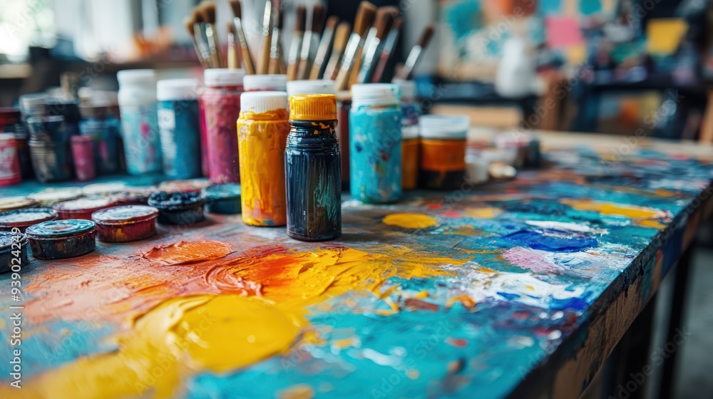 A DIY craft project in progress on a large table, with materials such as paint, brushes, and paper spread out. A DIY craft project in progress on a large table, with materials such as paint, brushes, and paper spread out.