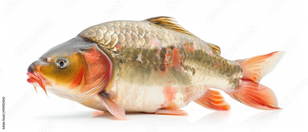 A fish with a red stripe on its side is laying on a white background A fish with a red stripe on its side is laying on a white background