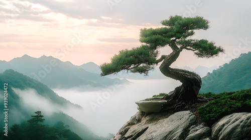 Arbre oriental, bonzaï dans un paysage de montagne brumeux