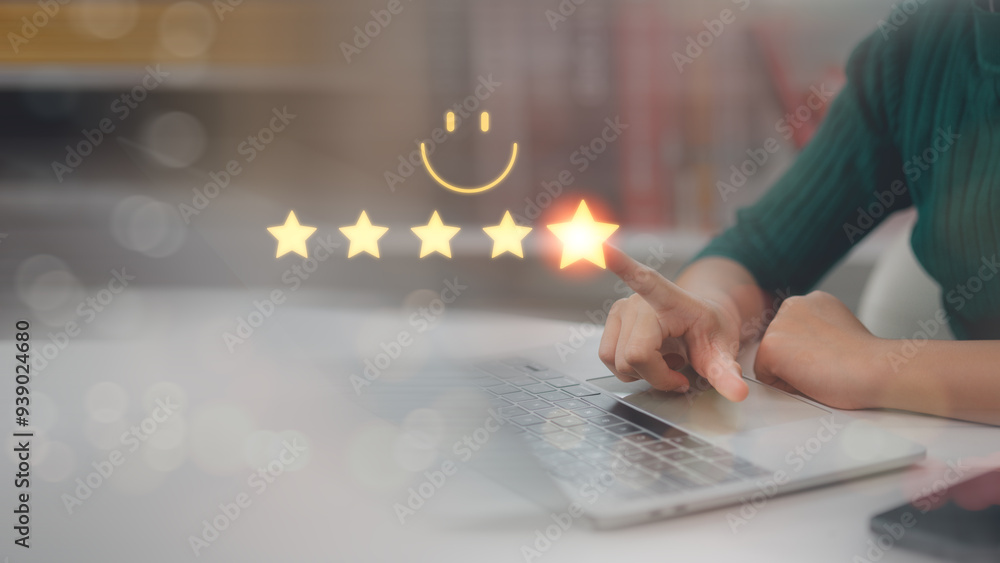 User give rating to service experience on online application, Customer review satisfaction feedback survey concept, Customer can evaluate quality of service leading to reputation ranking of business. User give rating to service experience on online application, Customer review satisfaction feedback survey concept, Customer can evaluate quality of service leading to reputation ranking of business.
