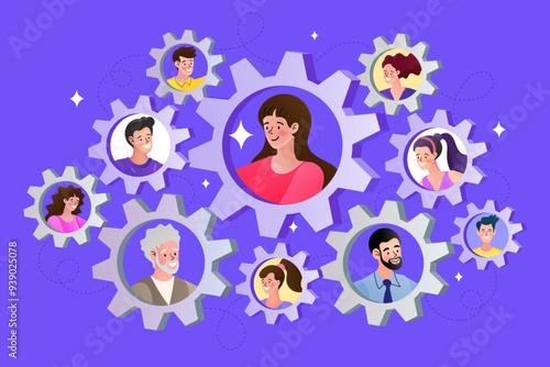 Business team and corporate structure concept. A diverse group of people portraits inside connected gears, symbolizing teamwork, organization, and a successful workflow.