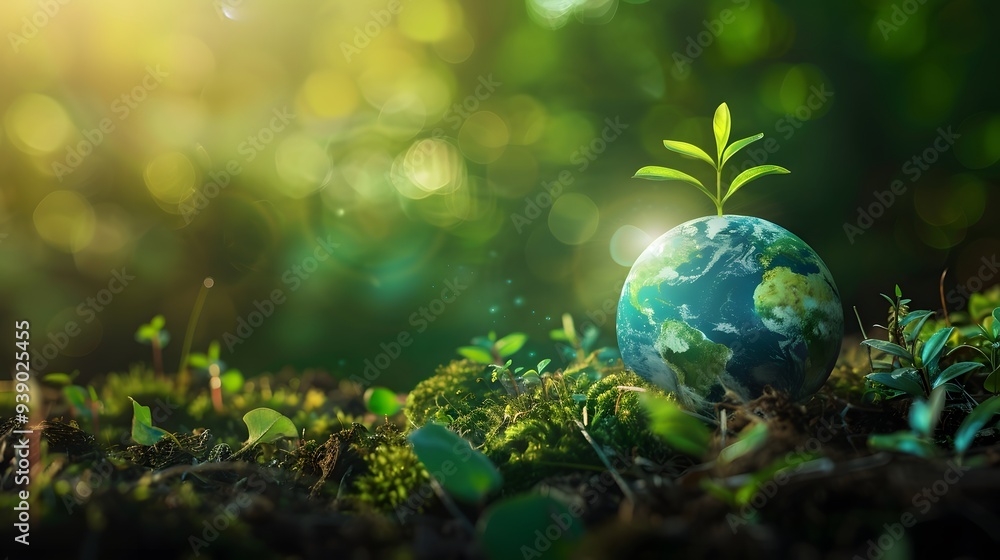 Green planet Earth with growing plants on mossy ground in a forest nature background Green planet Earth with growing plants on mossy ground in a forest nature background