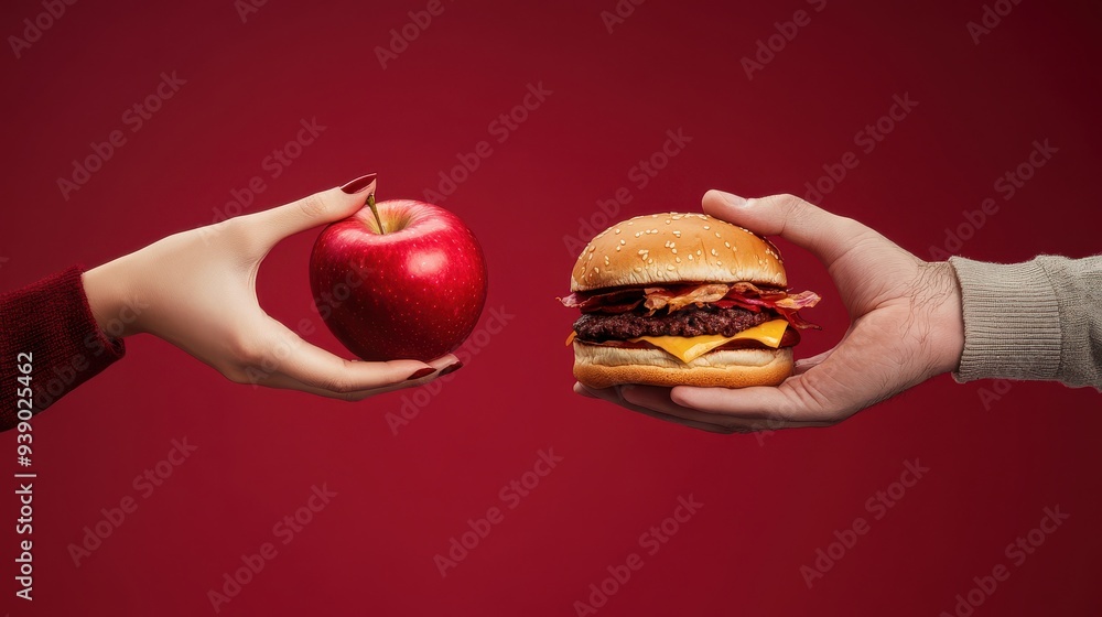 Woman holding apple versus man holding burger, healthy eating versus fast food concept Woman holding apple versus man holding burger, healthy eating versus fast food concept