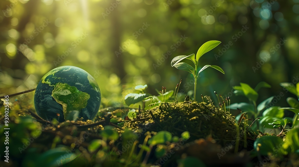Green planet Earth with growing plants on mossy ground in a forest nature background Green planet Earth with growing plants on mossy ground in a forest nature background