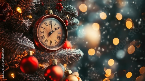 Christmas Clock on a Snowy Tree