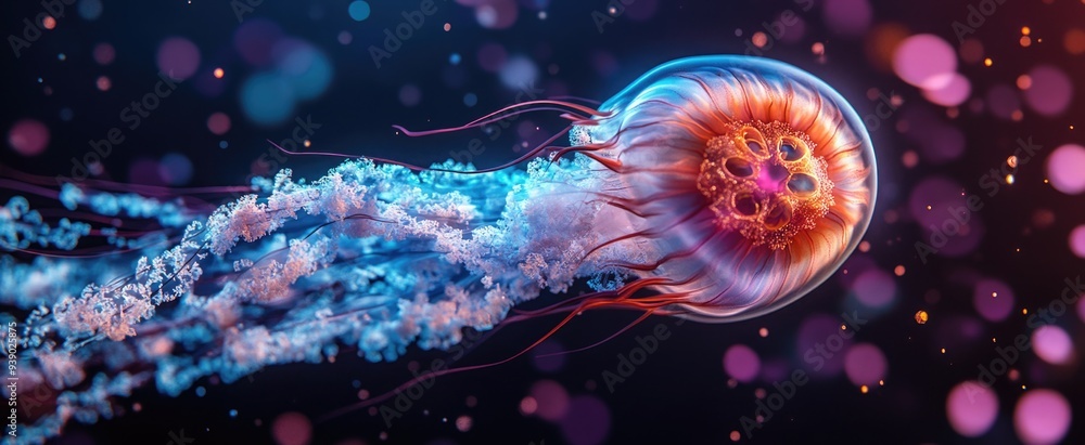 Naklejka premium World Animal Day: Glowing Jellyfish Eye Amidst Microplastics